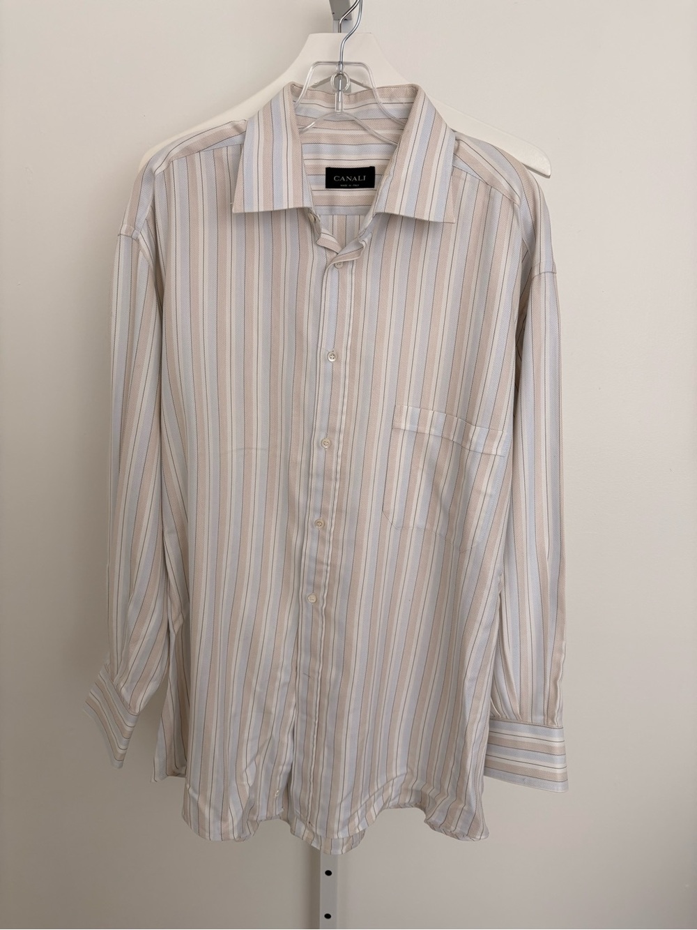 Canali Striped Dress Shirt in White, Light Blue and Beige